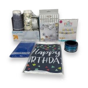 NWT Balloon Arch kit Birthday banner Table cloth Hot cups Curling Ribbon lot